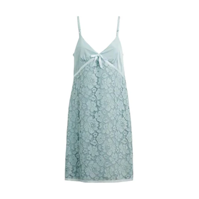 (Women) COACH SS25 Light Blue V-Neck Lace Slip Dress with Bow Detailing. CZ626-LBL