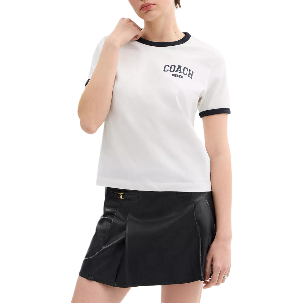 Lookbook (Women) COACH SS25  White Crewneck T-Shirt with Contrast Trim. CAH76-WHT