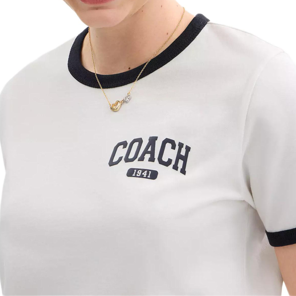 Purchase (Women) COACH SS25  White Crewneck T-Shirt with Contrast Trim. CAH76-WHT