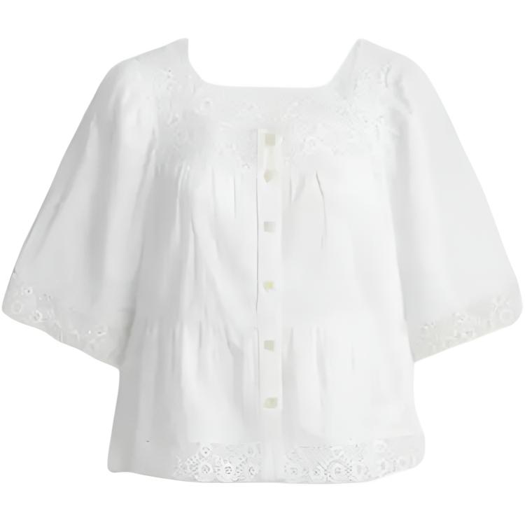 (Women) COACH SS25  White Crochet Trim Button-Up Shirt. CAT98-WHT
