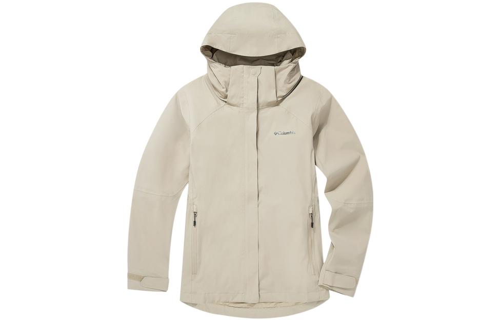 (Women) Columbia Gray Waterproof Hiking Jacket with Logo Print and Detachable Hood WR0993-271