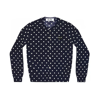 (Women) Comme Des Garçons CDG Play Black Heart Polka Dot Cardigan Navy Blue Sweater. AZ-N037-051-2