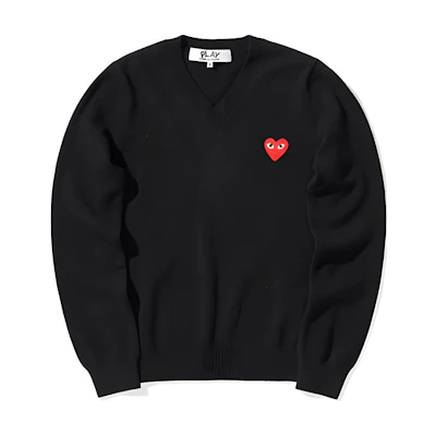 (Women) Comme Des Garçons CDG Play Black V-Neck Heart Logo Knit Sweater Red Heart. AZ-N001-051-1