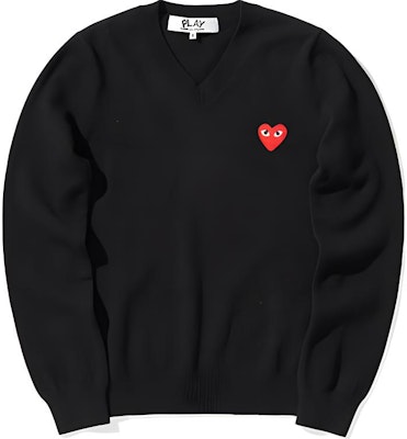 (Women) Comme Des Garçons CDG Play Black V-Neck Heart Logo Knit Sweater Red Heart. AZ-N001-051-1 Order (Women) Comme Des Garçons CDG Play Black V-Neck Heart Logo Knit Sweater Red Heart. AZ-N001-051-1