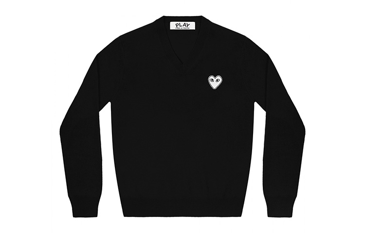 (Women) Comme Des Garçons CDG Play  Black V-Neck Sweater with White Heart Logo. AZ-N059-051-1