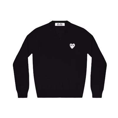 (Women) Comme Des Garçons CDG Play Black V-Neck Sweater with White Heart Logo. AZ-N059-051-1