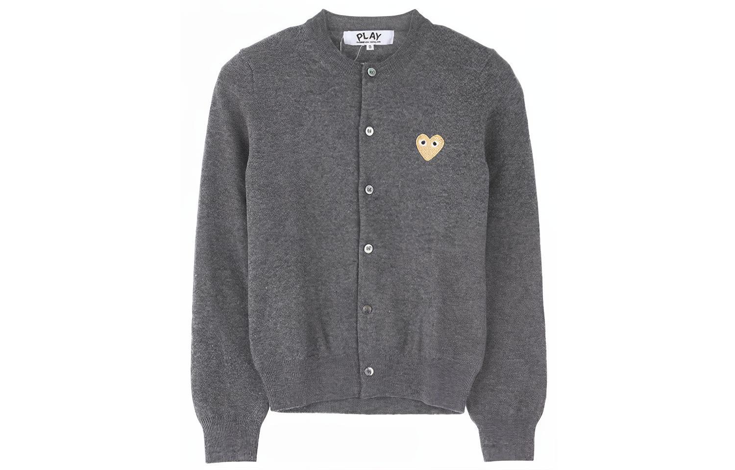 (Women) Comme Des Garçons CDG Play  Grey Crewneck Long Sleeve Cardigan Sweater. AZ-N049-051-3