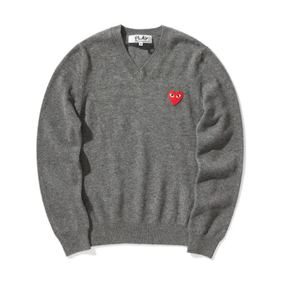 (Women) Comme Des Garçons CDG Play Grey Heart Logo V-Neck Wool Knit Sweater. AZ-N001-051-3