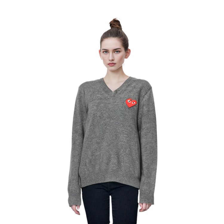 (Women) Comme Des Garçons CDG Play  Grey Heart Logo V-Neck Wool Knit Sweater. AZ-N001-051-3 圖 6
