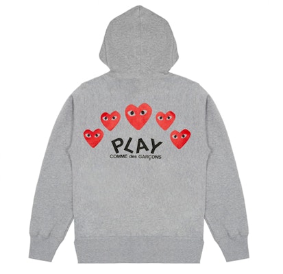 (Women) Comme Des Garçons CDG Play Grey Hoodie Cardigan with Red Heart and Five Hearts on Back. AZ-T249-051-1 Lookbook (Women) Comme Des Garçons CDG Play Grey Hoodie Cardigan with Red Heart and Five Hearts on Back. AZ-T249-051-1