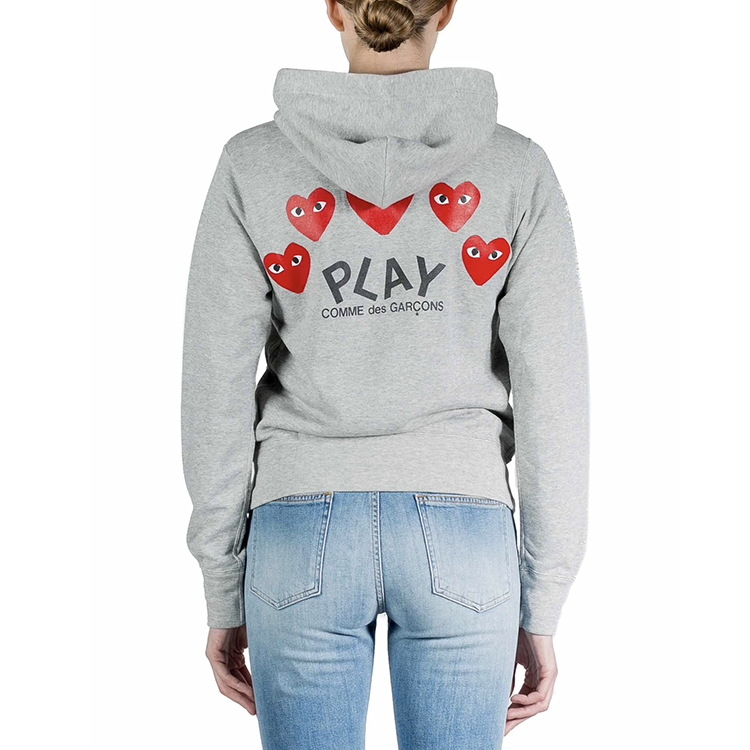 Purchase (Women) Comme Des Garçons CDG Play  Grey Hoodie Cardigan with Red Heart and Five Hearts on Back. AZ-T249-051-1