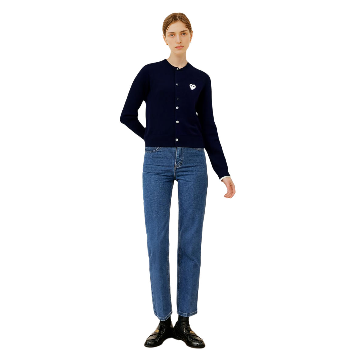 Sizing (W) Comme Des Garçons CDG Play Kardigan Navy dengan Logo Hati Putih. AZ-N061-051-2