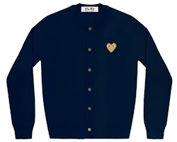 (Women) Comme Des Garçons CDG Play Navy Wool Cardigan Sweater with Embroidered Heart Patch. AZ-N049-051-2 (Women) Comme Des Garçons CDG Play Navy Wool Cardigan Sweater with Embroidered Heart Patch. AZ-N049-051-2