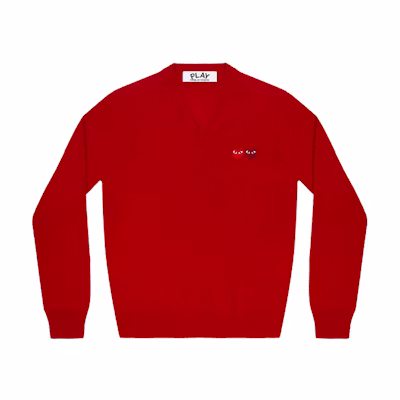 (Women) Comme Des Garçons CDG Play Red V-Neck Sweater with Double Heart Patch. AZ-N055-051-5