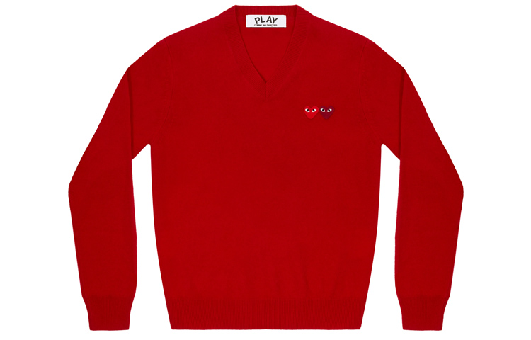 (Women) Comme Des Garçons CDG Play  Red V-Neck Sweater with Double Heart Patch. AZ-N055-051-5 圖 2