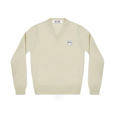 (Women) Comme Des Garçons CDG Play V-Neck Knit Pullover Sweater Natural Color. AZ-N063-051-3