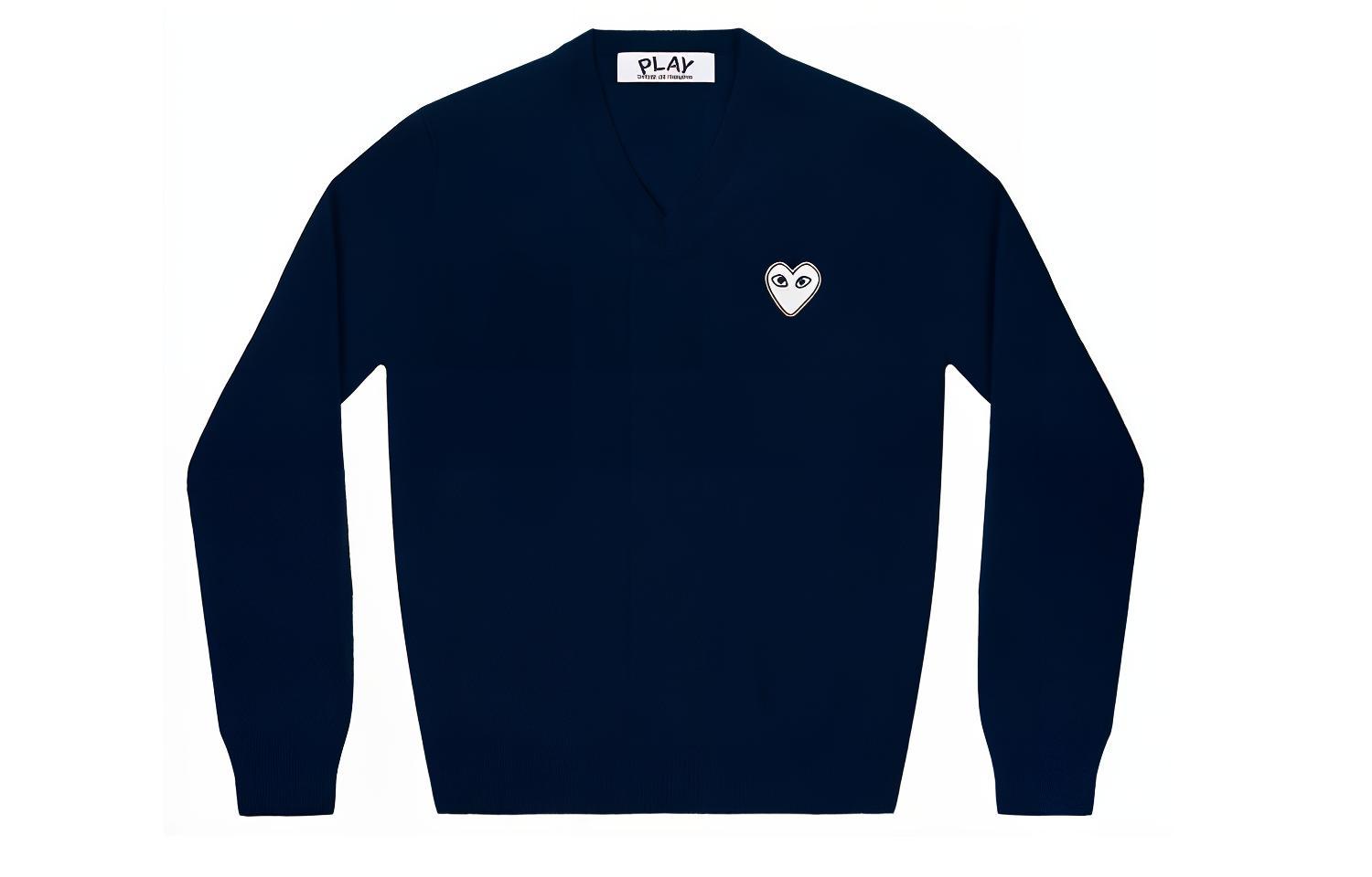 (Women) Comme Des Garçons CDG Play  V-Neck Sweater Navy Blue with White Heart Design. AZ-N059-051-2