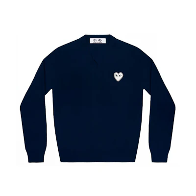 (Women) Comme Des Garçons CDG Play V-Neck Sweater Navy Blue with White Heart Design. AZ-N059-051-2