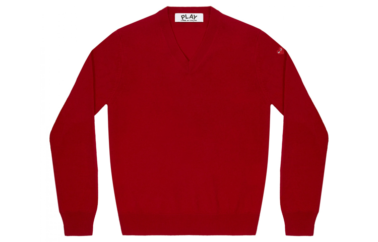(Women) Comme Des Garçons CDG Play  V-Neck Sweater Red with Red Heart Logo AZ-N039-051-4