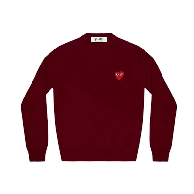(Women) Comme Des Garçons CDG Play V-Neck Wool Sweater Small Heart Bordeaux Red. AZ-N001-051-4