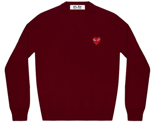 (Women) Comme Des Garçons CDG Play V-Neck Wool Sweater Small Heart Bordeaux Red. AZ-N001-051-4 Order (Women) Comme Des Garçons CDG Play V-Neck Wool Sweater Small Heart Bordeaux Red. AZ-N001-051-4