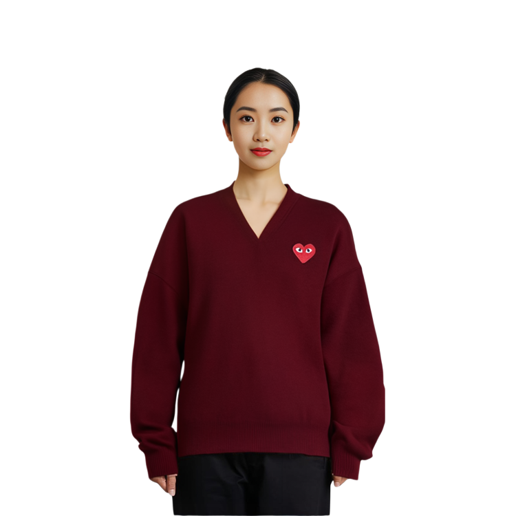 Lookbook (Women) Comme Des Garçons CDG Play  V-Neck Wool Sweater Small Heart Bordeaux Red. AZ-N001-051-4