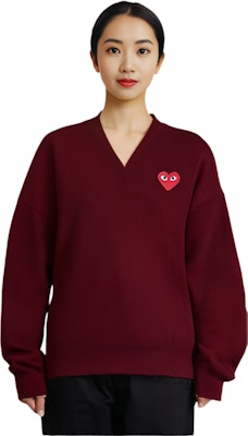 (Women) Comme Des Garçons CDG Play V-Neck Wool Sweater Small Heart Bordeaux Red. AZ-N001-051-4 Lookbook (Women) Comme Des Garçons CDG Play V-Neck Wool Sweater Small Heart Bordeaux Red. AZ-N001-051-4