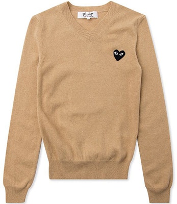 (Women) Comme Des Garçons CDG Play Black Heart V-Neck Knit Sweater Beige. AZ-N017-051-3 Buy (Women) Comme Des Garçons CDG Play Black Heart V-Neck Knit Sweater Beige. AZ-N017-051-3