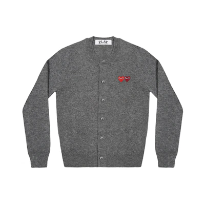 (Women) Comme Des Garçons CDG Play Double Heart Grey Knit Cardigan Long Sleeve Sweater. AZ-N057-051-3