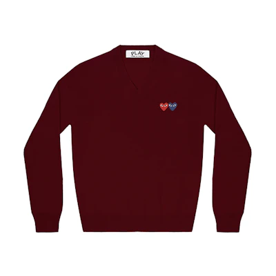 (Women) Comme Des Garçons CDG Play Double Heart V-Neck Sweater Burgundy (Womens). AZ-N055-051-4