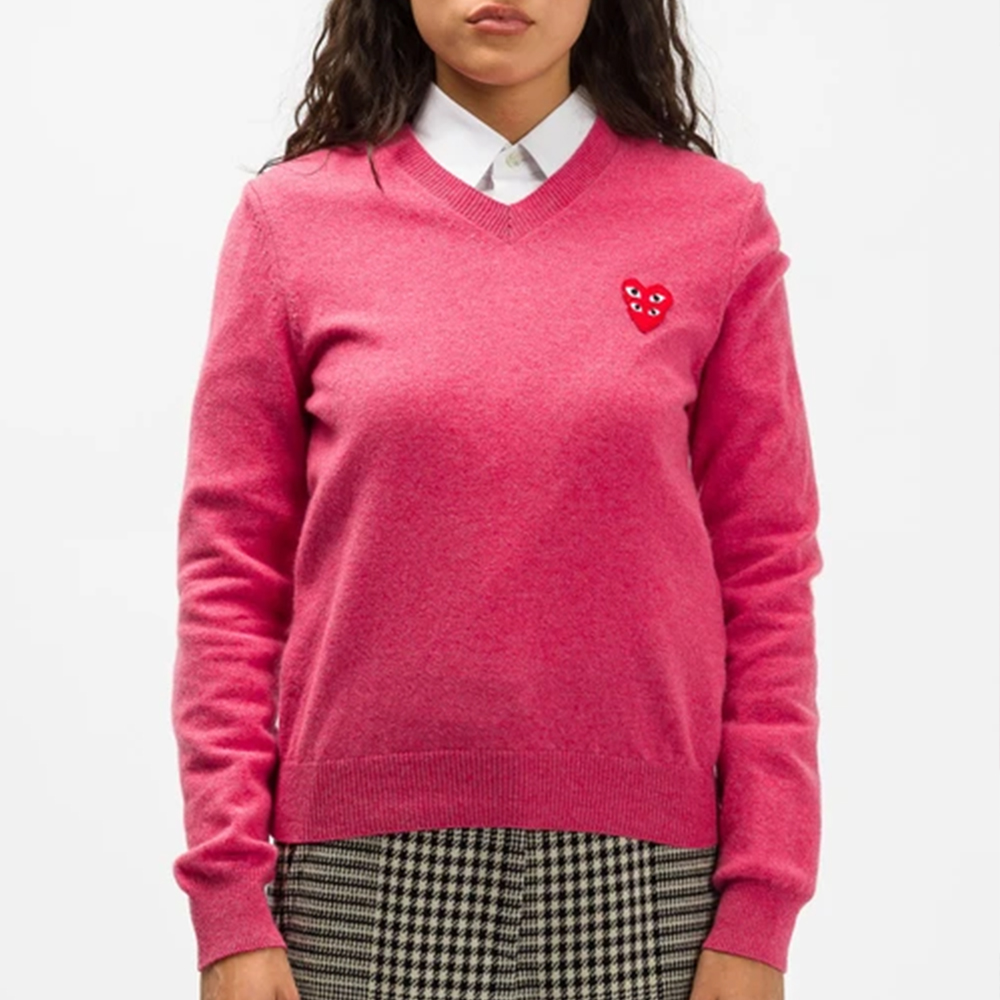 (Women) Comme Des Garçons CDG Play Double Heart V-Neck Pullover Sweater Women’s Pink. AZ-N073-051-4 圖 3