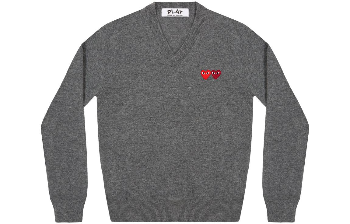 (Women) Comme Des Garçons CDG Play FW22  Double Heart V-Neck Cashmere Sweater Grey. AZ-N055-051-3 圖 2