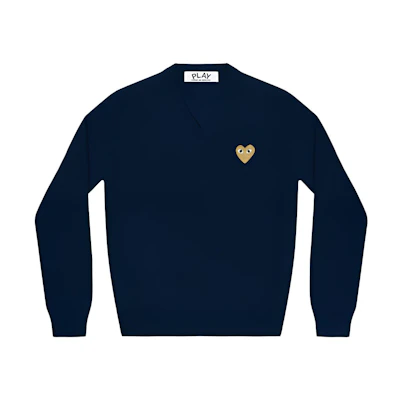 (Women) Comme Des Garçons CDG Play Gold Heart V-Neck Wool Sweater Navy Blue. AZ-N047-051-2