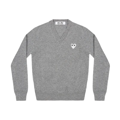 (Women) Comme Des Garçons CDG Play Grey Heart Patch V-Neck Pullover Knit Sweater Grey. AZ-N063-051-1