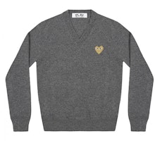 (Women) Comme Des Garçons CDG Play Heart V-Neck Pullover Wool Sweater Women’s Grey. AZ-N047-051-3 (Women) Comme Des Garçons CDG Play Heart V-Neck Pullover Wool Sweater Women’s Grey. AZ-N047-051-3