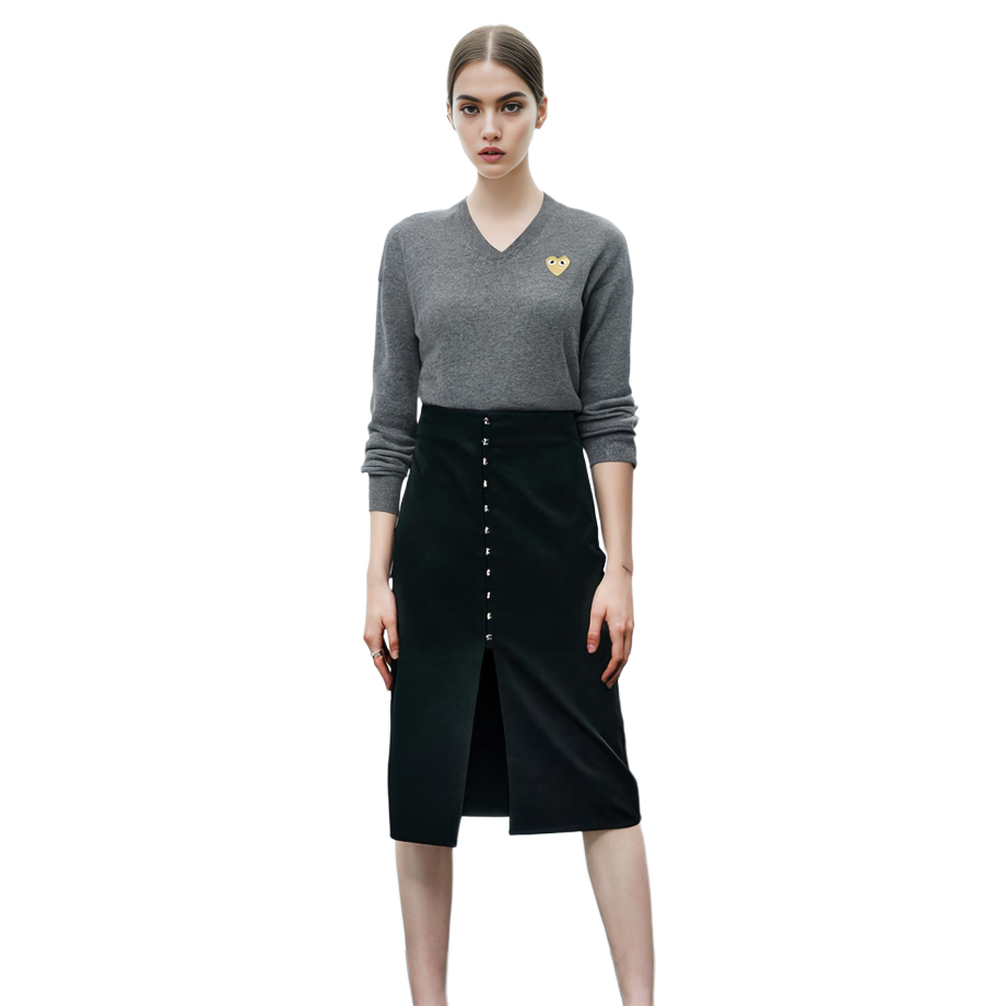 Lookbook (Women) Comme Des Garçons CDG Play Heart V-Neck Pullover Wool Sweater Women’s Grey. AZ-N047-051-3