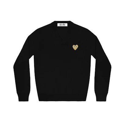 (Women) Comme Des Garçons CDG Play Heart V-Neck Wool Pullover Sweater Black. AZ-N047-051-1