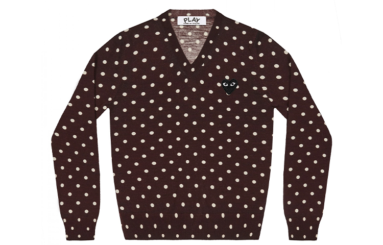 (Women) Comme Des Garçons CDG Play Polka Dot V-Neck Sweater  Burgundy. AZ-N035-051-3