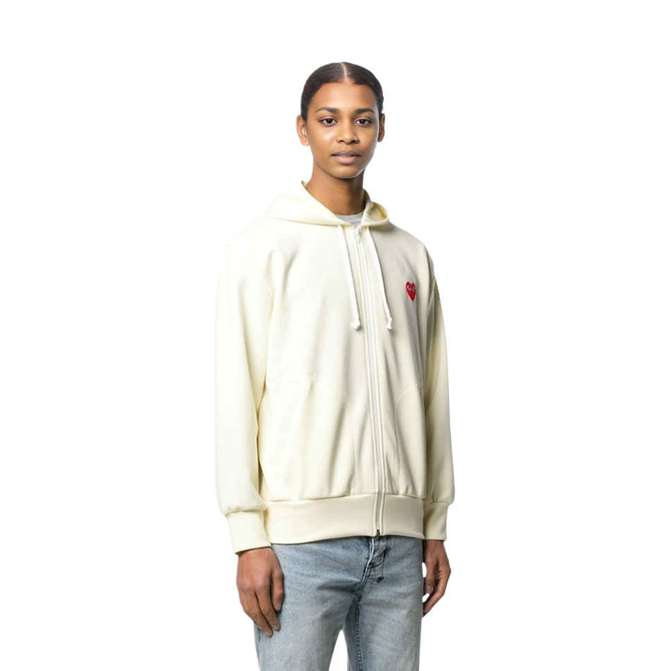Shop (Women) Comme Des Garçons CDG Play Red Heart  Ivory White Zip-Up Hoodie Jacket. AZ-T171-051-3