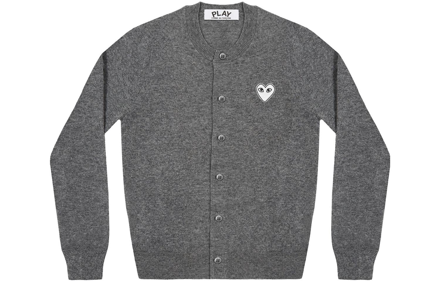(Women) Comme Des Garçons CDG Play SS22  Grey Cardigan Sweater with Logo Print. AZ-N065-051-1