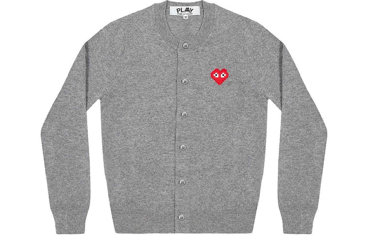 (Women) Comme Des Garçons CDG Play Invader Pixel Series FW22  Grey Heart Embroidered Cardigan. AZ-N083-051-2