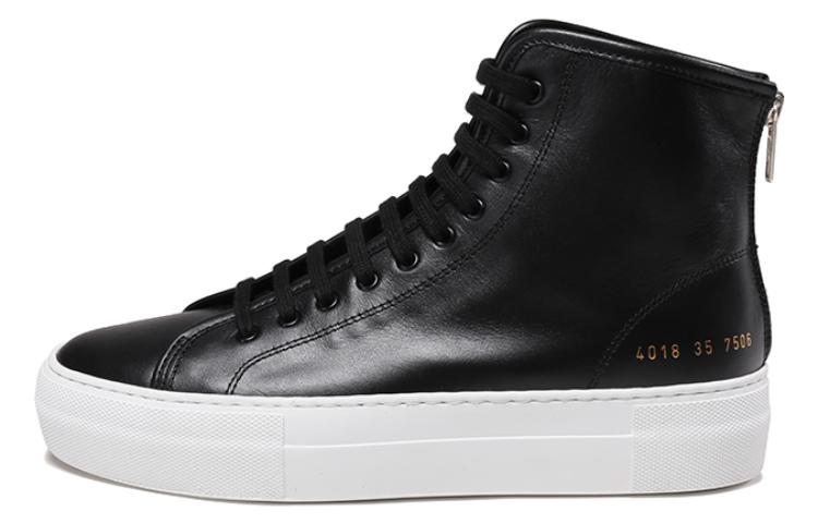 (Women) Common Projects High-Top Leather Sneakers Black, Lace-Up with Back Zipper. 4018-7506