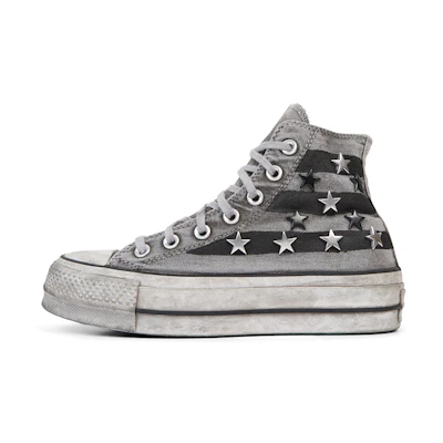 (W) Converse Chuck Taylor All Star Vintage Star Studs Platform High Top Thick Sole Dirty Shoes Grey White