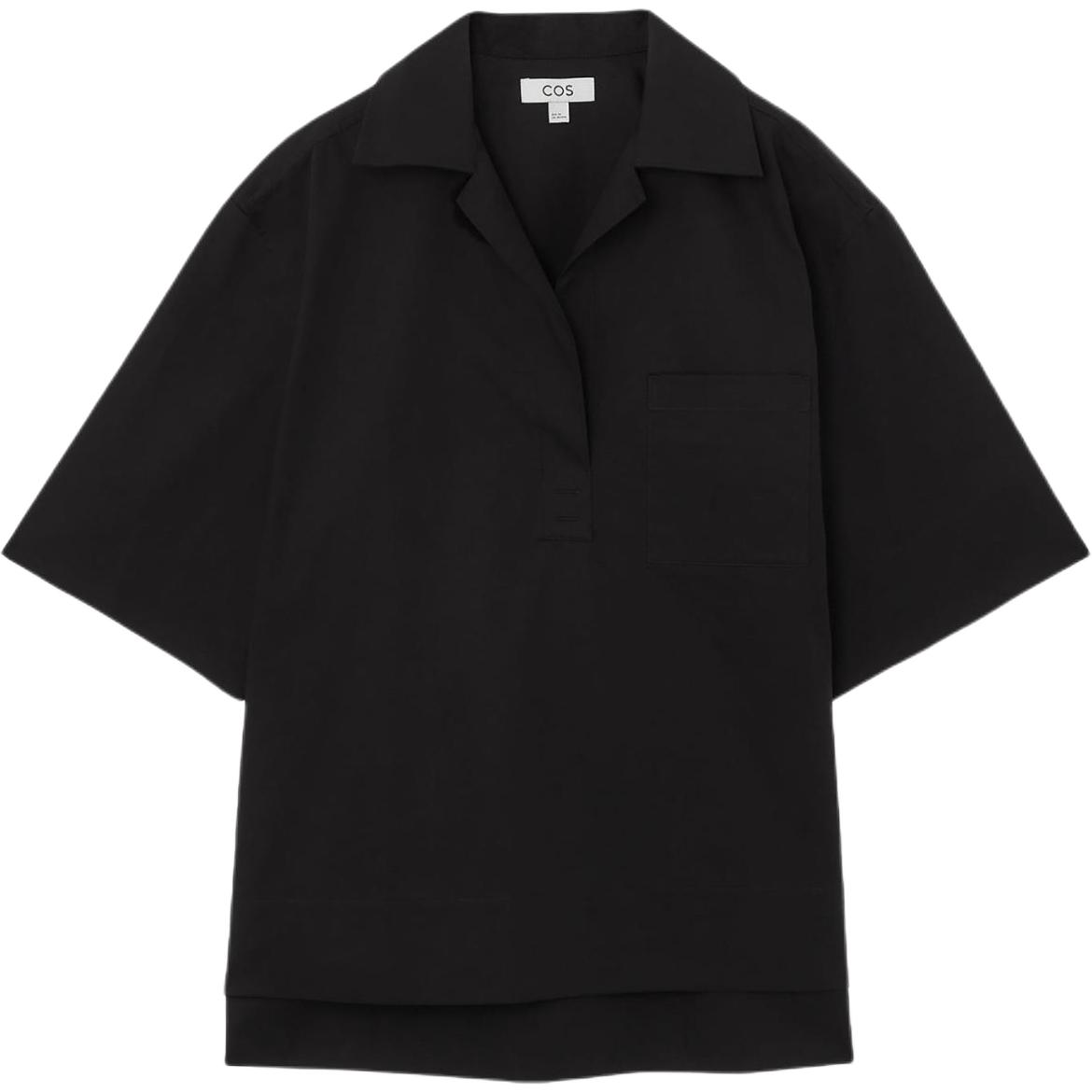 (Women) COS Black Short-Sleeve Cuban Collar Shirt with Side Slits 1222018003
