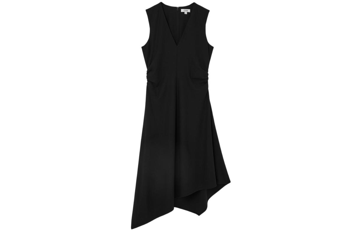 (Women) COS Black V-Neck Asymmetric Midi A-Line Sleeveless Dress 1223501004