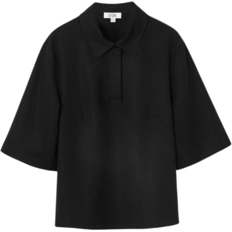 women-cos-oversized-solid-black-3-4-sleeve-polo-shirt-with-drop-shoulders-1247373001