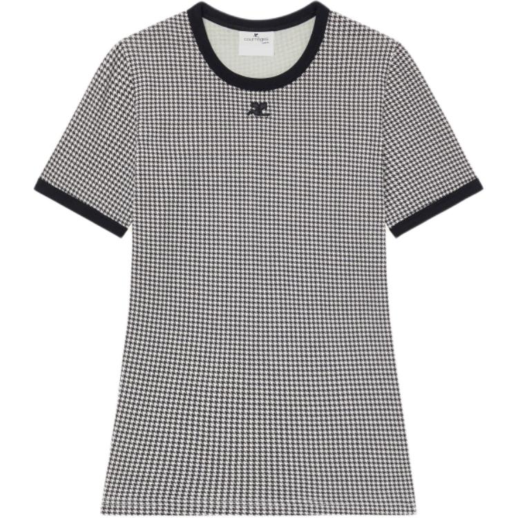 (Women) COURREGES FW24 Contrast Houndstooth T-Shirt - White Black 324JTS017JS0167B135