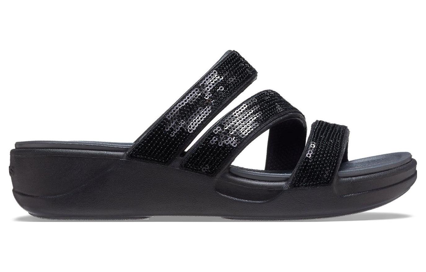 Order Crocs卡駱馳 BOCA 亮片綁帶坡跟拖鞋 女款 黑色