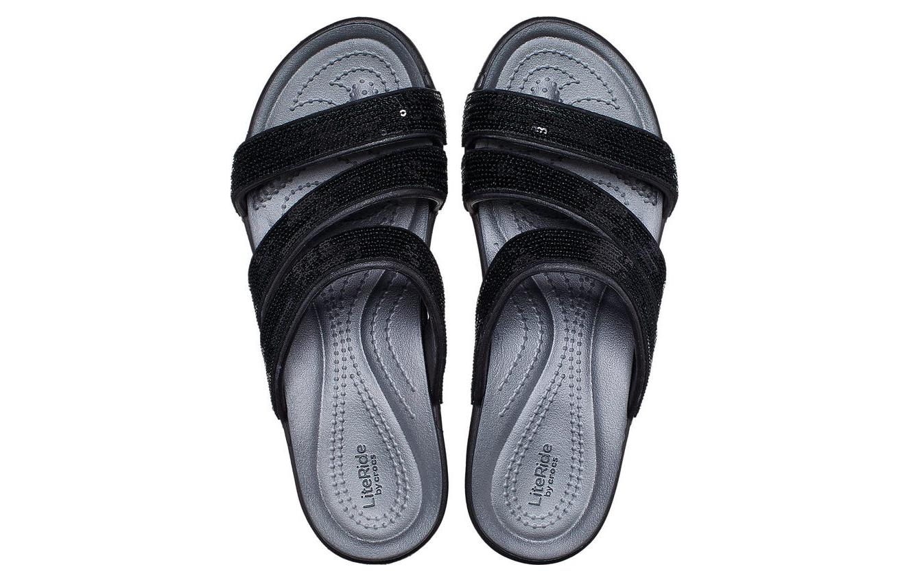 Lookbook Crocs卡駱馳 BOCA 亮片綁帶坡跟拖鞋 女款 黑色