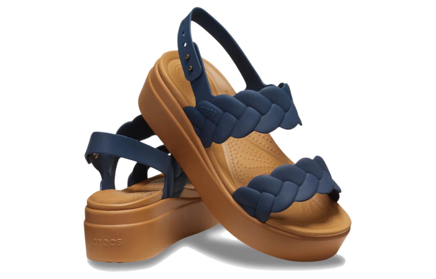 Lookbook Crocs卡骆驰 圓頭增高坡跟搭扣 一字帶涼鞋 女款 海軍藍